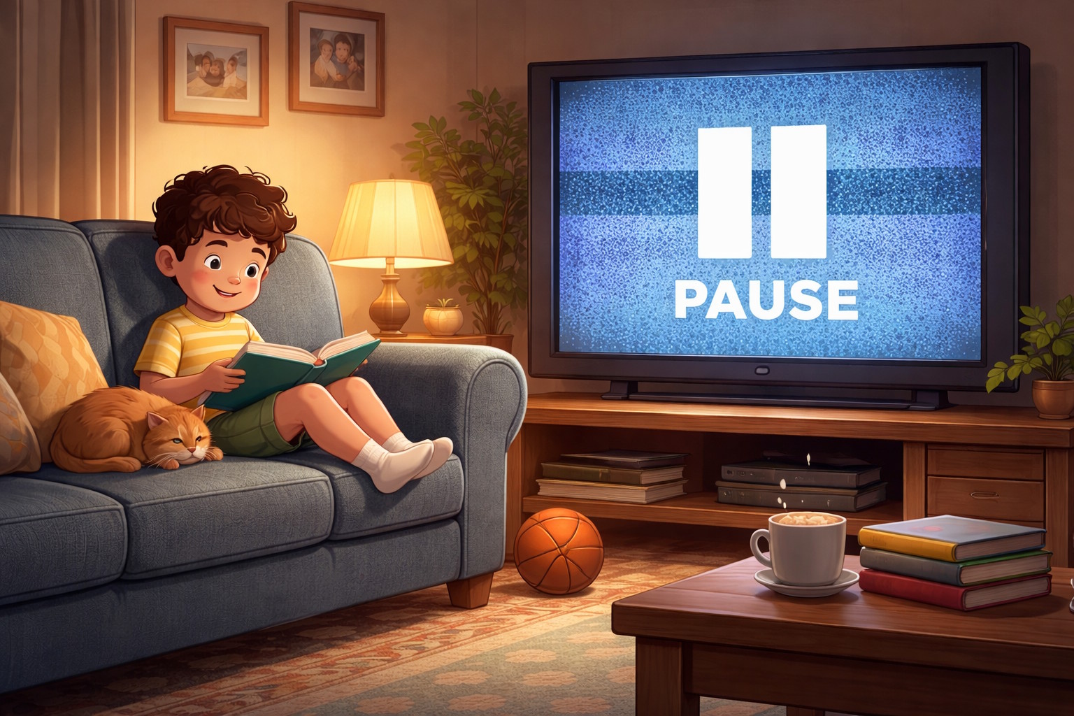 A child reading on a couch while a TV is paused with static